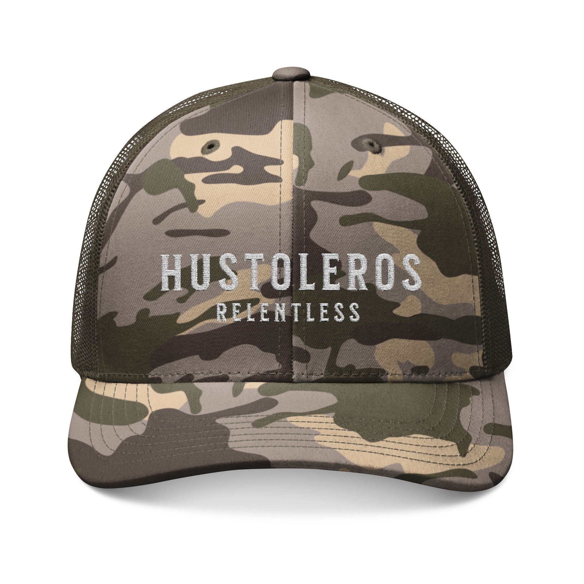 Hustoleros Relentless Camo Trucker Hat — Embroidered Mesh Cap