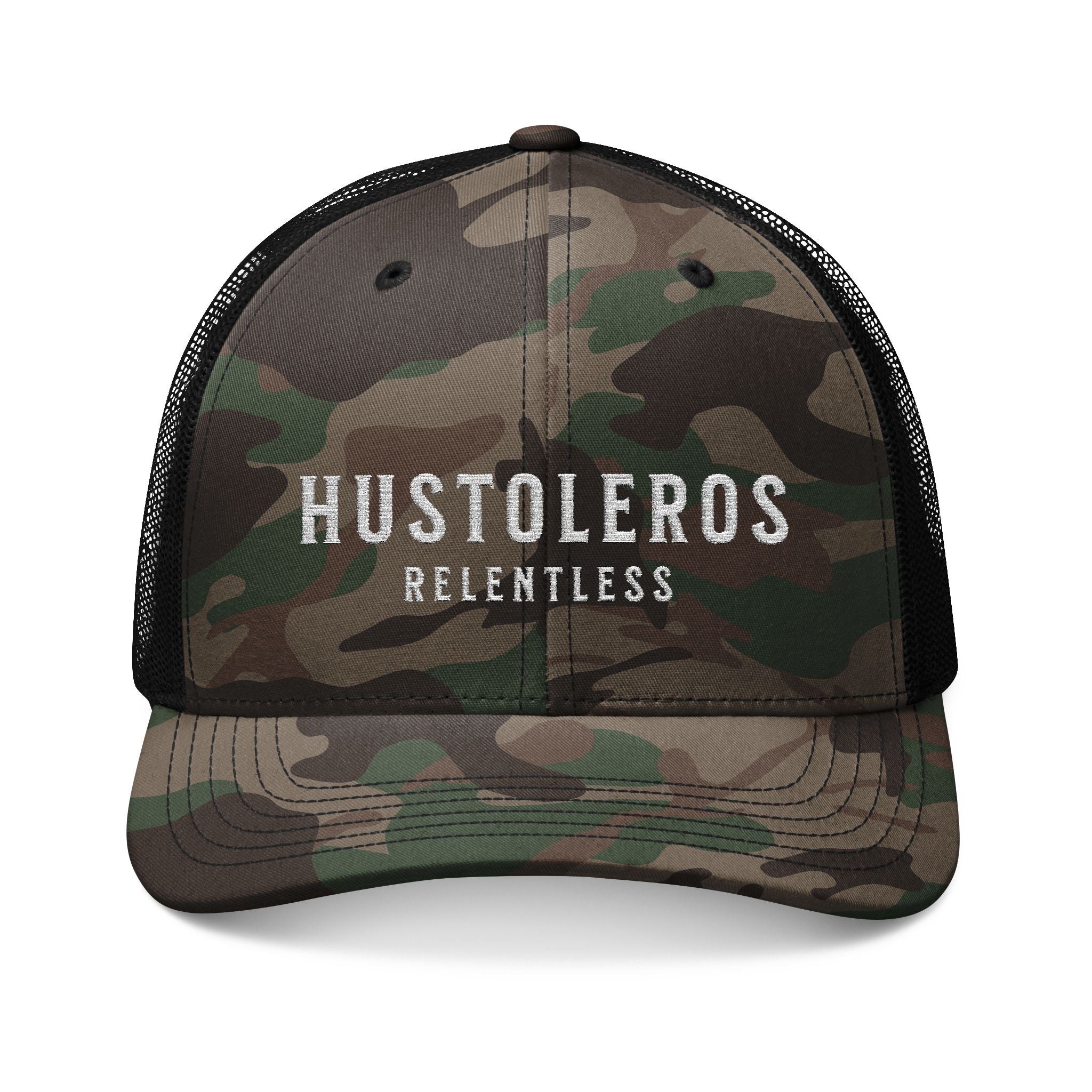 Hustoleros Relentless Camo Trucker Hat — Embroidered Mesh Cap