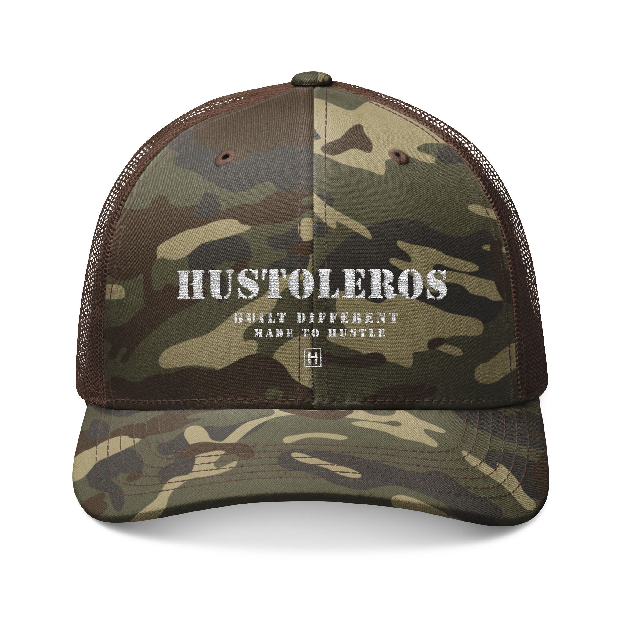 Camouflage Trucker Hat — Embroidered "HUSTOLEROS" Camo Mesh Cap