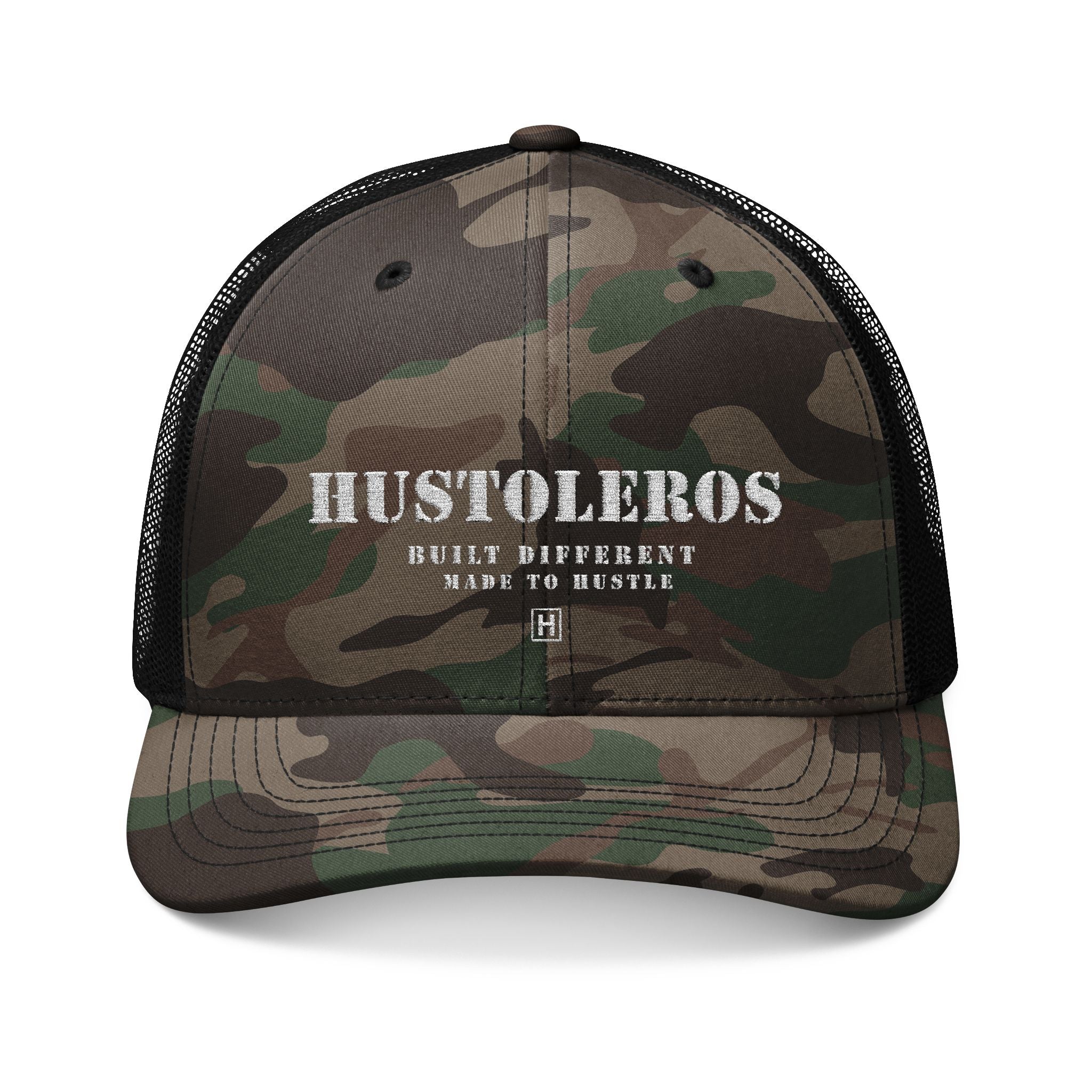 Camouflage Trucker Hat — Embroidered "HUSTOLEROS" Camo Mesh Cap