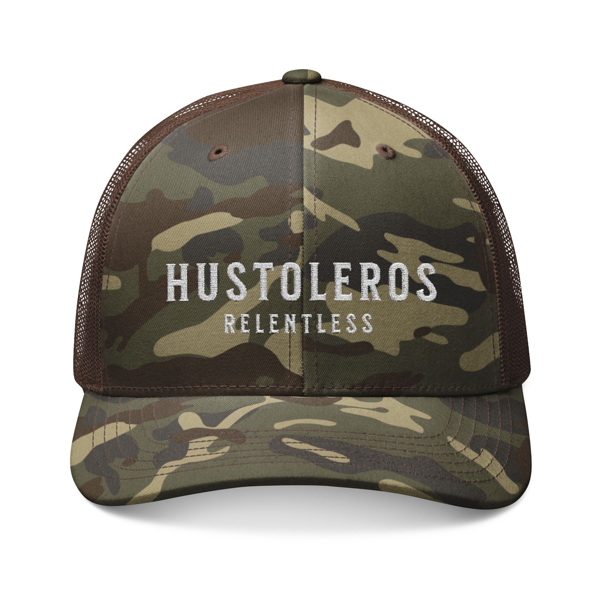 Hustoleros Relentless Camo Trucker Hat — Embroidered Mesh Cap