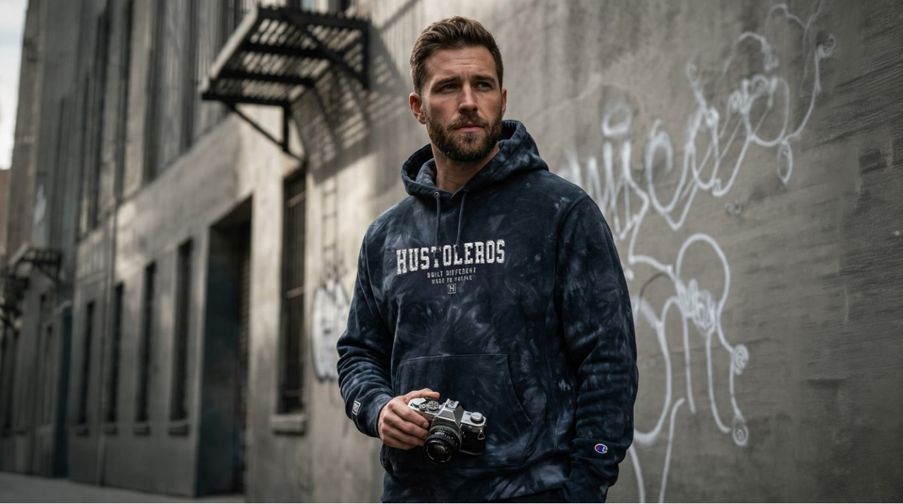 A man wearing a dark navy blue tie-dye hoodie with 'HUSTOLEROS' printed in white across the chest, holding a vintage camera against an urban street backdrop with graffiti.